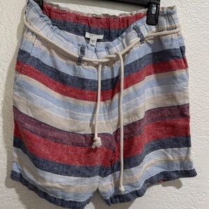 J. Jill Red, White, Blue, Tan Striped Linen Shorts with rope tie